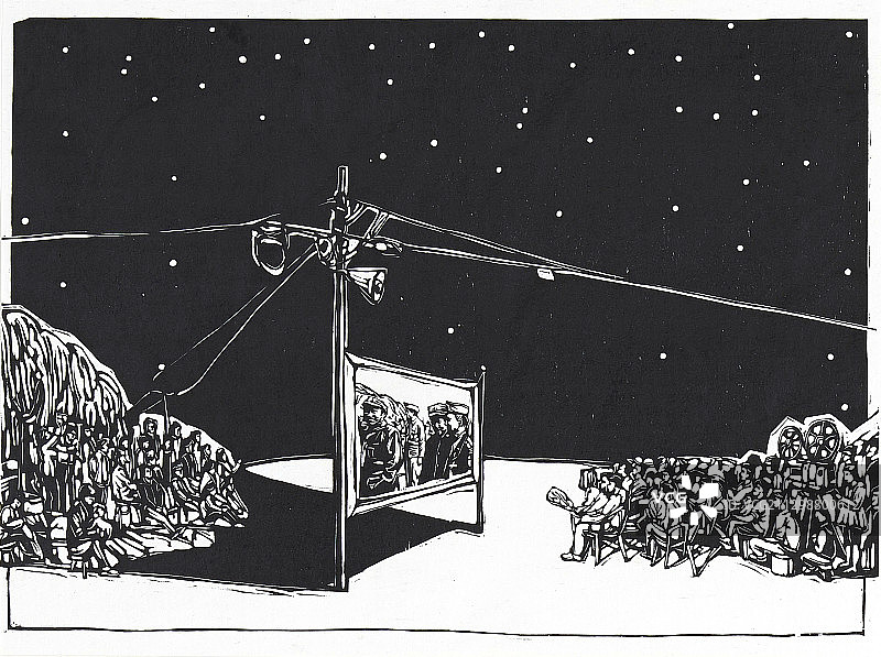 黑白木刻版画《星空之夏1》图片素材