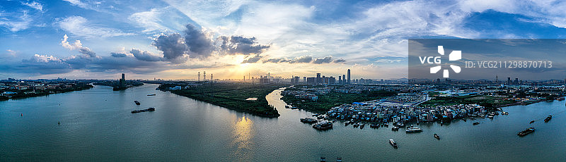 航拍视角下的广州番禺大学城城市天际线全景图片素材
