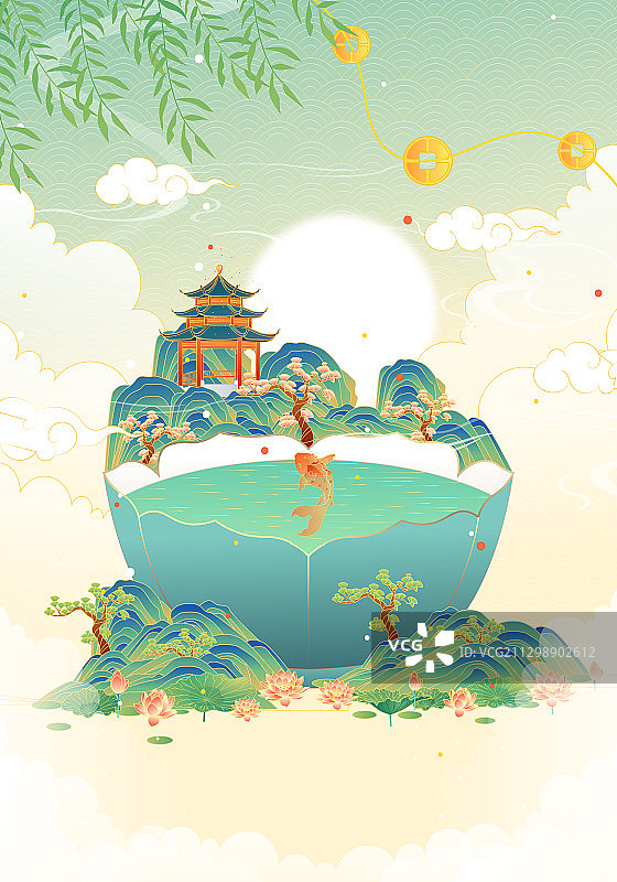 国潮风山水风景矢量插画图片素材