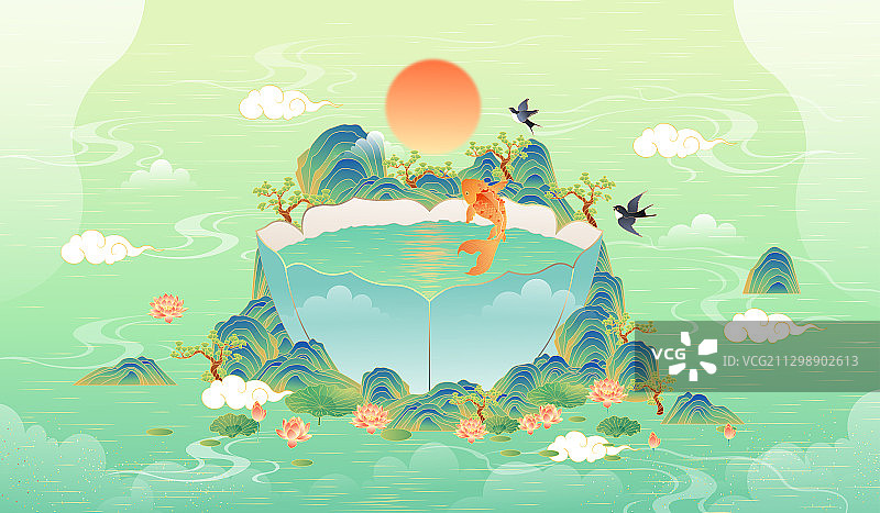 国潮风山水风景矢量插画图片素材