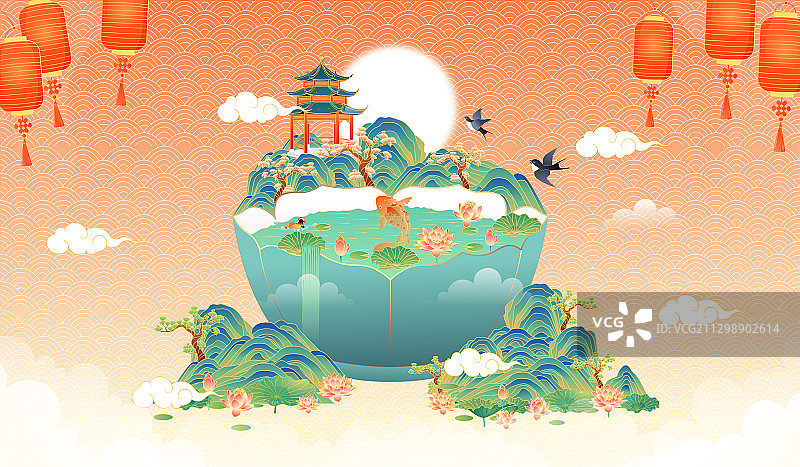 国潮风山水风景矢量插画图片素材