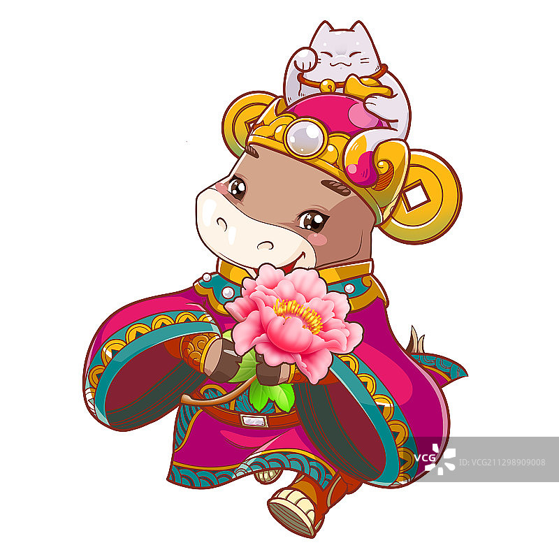 丑牛耕耕财神富贵花开图片素材