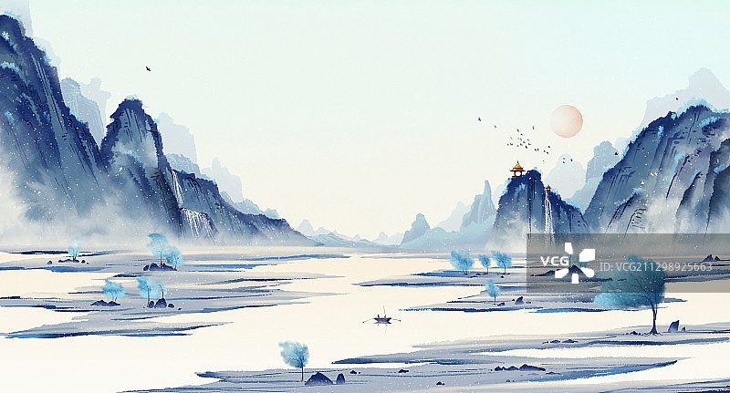 飘雪的冬季水墨山水插画中国风绘画图片素材