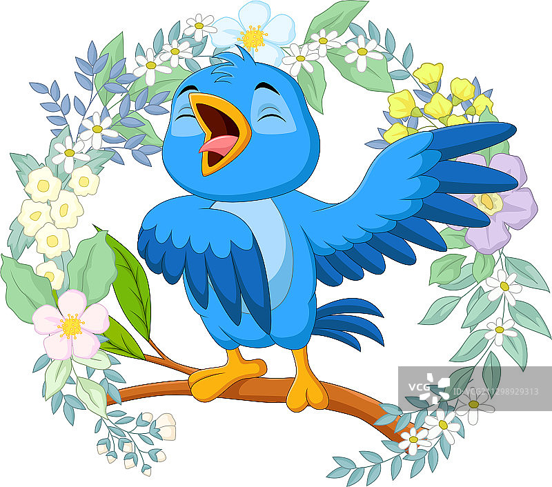 卡通蓝鸟在树枝上唱歌图片素材