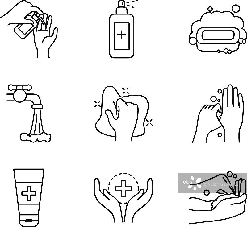 水龙头与手部卫生图标线性样式图片素材