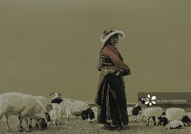 套色木刻版画《嘉塘牧歌1》图片素材