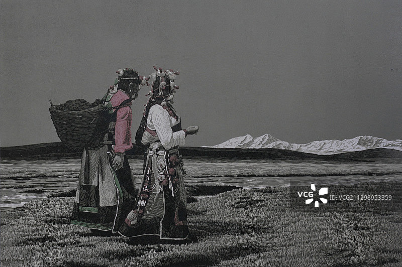 套色木刻版画《才仁卓玛》图片素材