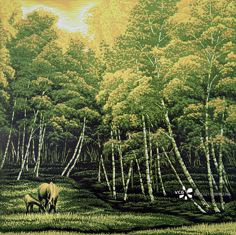 套色木刻版画《暖秋》图片素材