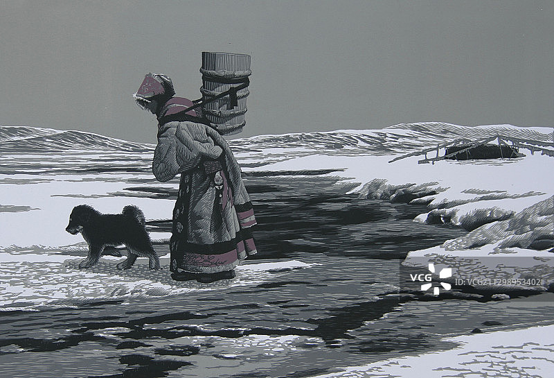 套色木刻版画《洛萨尕曲之三》图片素材