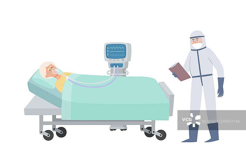 戴着氧气面罩躺在医院病床上的老年妇女图片素材