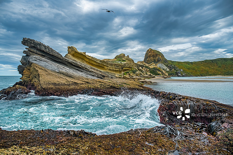 新西兰卡索 point 多云天空下的海景图片素材