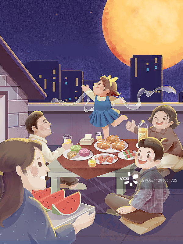 中秋节夜晚全家赏月插画图片素材
