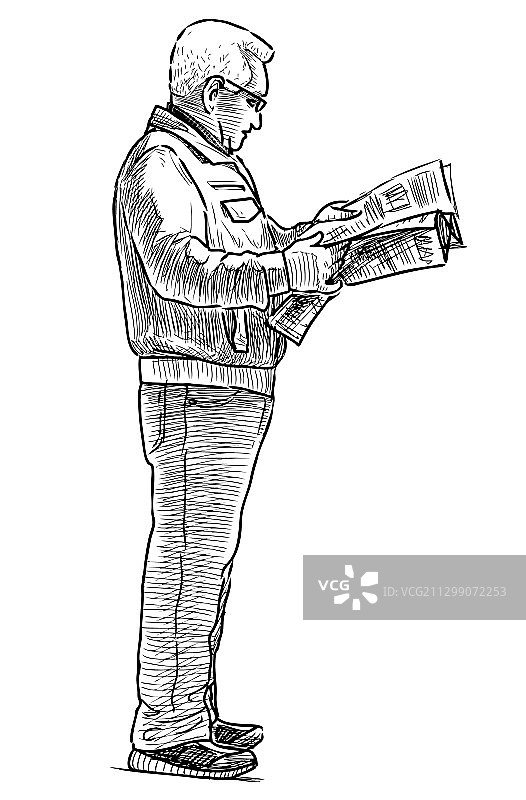 老年男人站立阅读速写图片素材