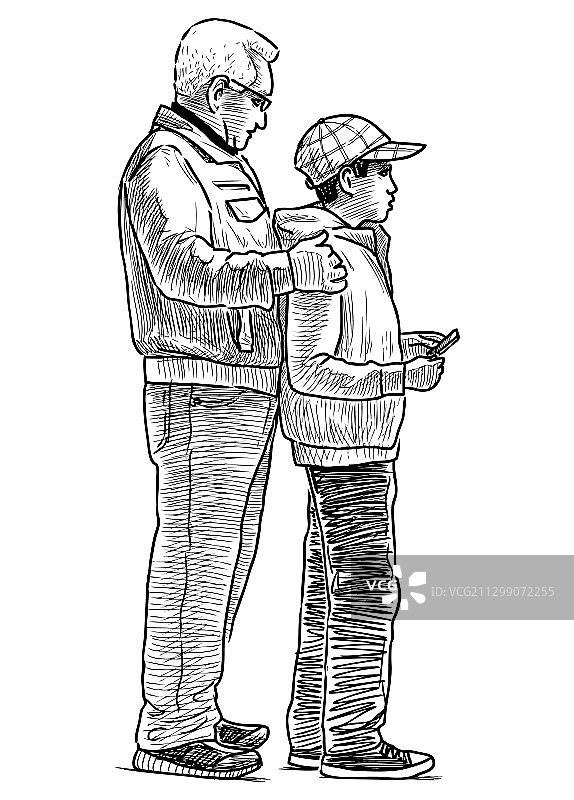 素描老年男人和他的孙子图片素材