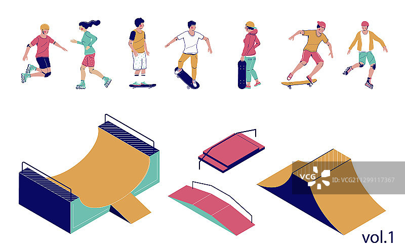 扁平风格2.5D滑板公园场景图片素材