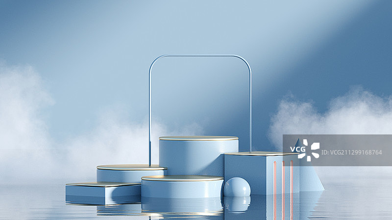 3D渲染水面上简约柔色几何体电商展台图片素材