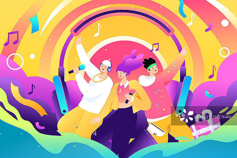 卡通电商购物促销唱歌达人邀请好友音乐节聚会派对活动矢量插画图片素材