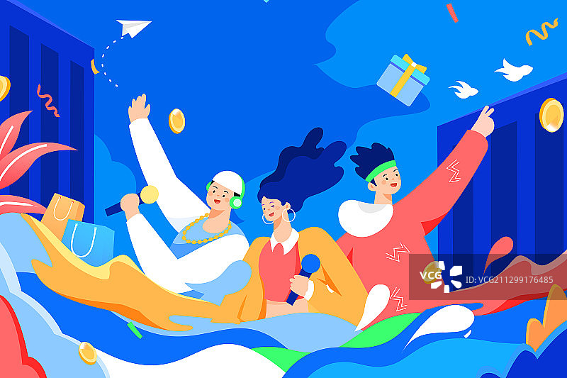 卡通电商购物促销唱歌达人邀请好友音乐节聚会派对活动矢量插画图片素材