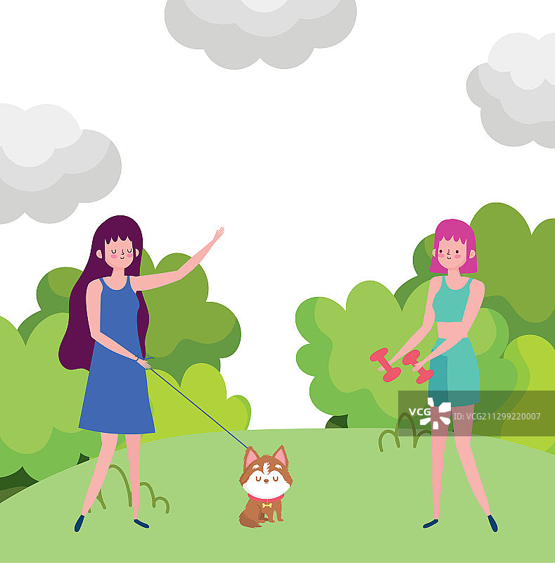 年轻女人和狗一起哑铃锻炼图片素材