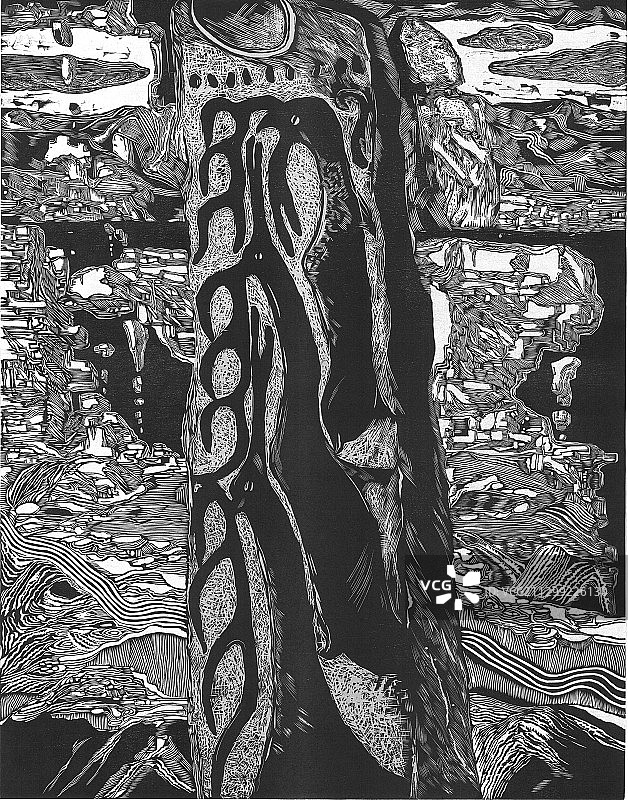 黑白木刻版画《迹二》图片素材