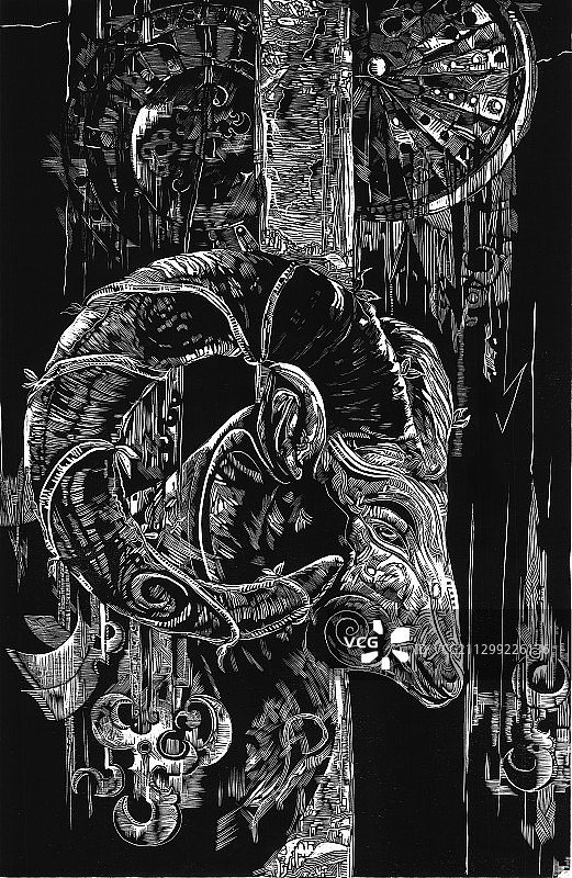 黑白木刻版画《迁-三》图片素材