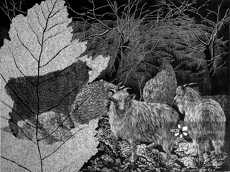 黑白木刻版画《不期而遇》图片素材