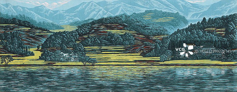 套色木刻版画《家在青山绿水间》图片素材