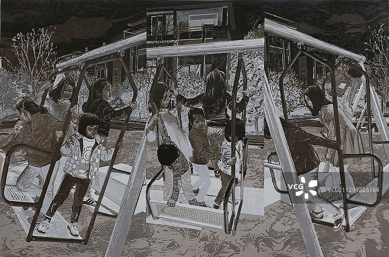 套色木刻版画《乐园》图片素材