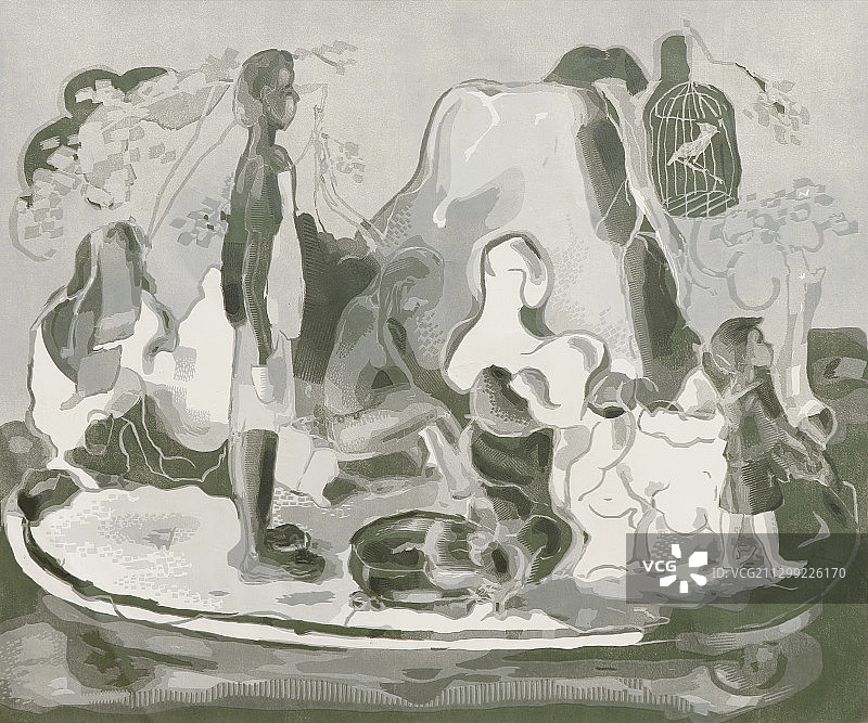 套色木刻版画《盆景4》图片素材