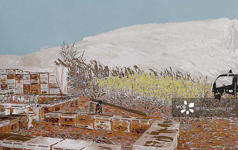 套色木刻版画《田园蜜语》图片素材