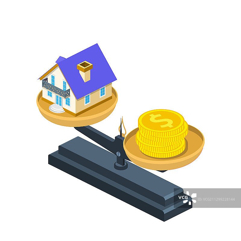 2.5D房屋和金币砝码图片素材