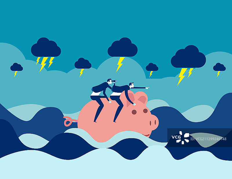 骑着存钱罐在海上的糟糕经济概念图片素材