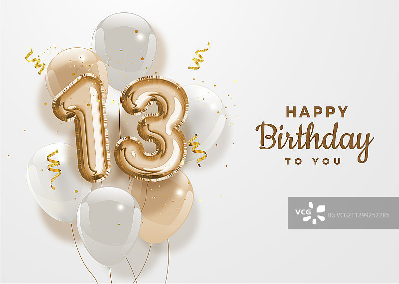 快乐的13岁生日金箔气球问候背景图片素材