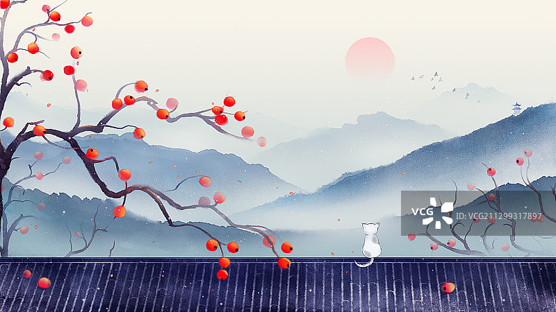 秋天柿子树山川唯美中国风插画图片素材