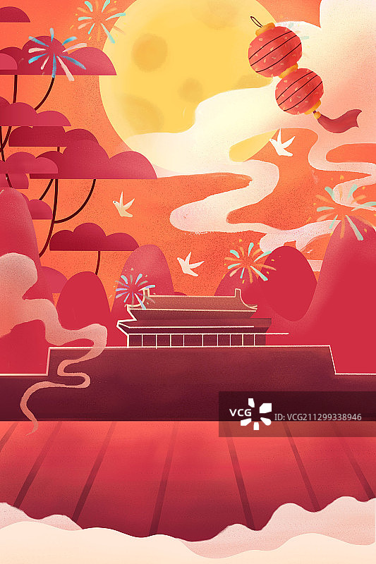 中秋遇国庆海报背景插画图片素材