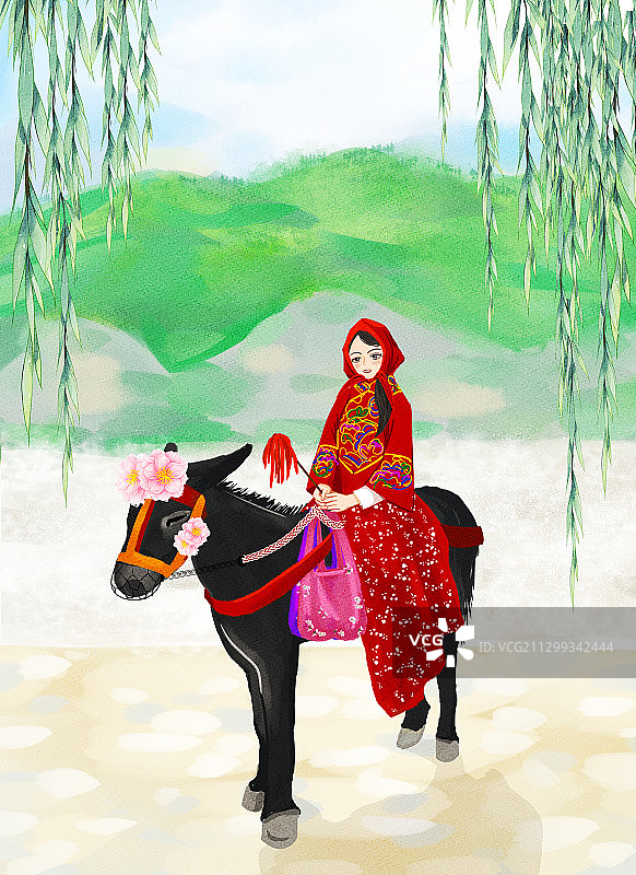骑在驴上穿着陕北风格服装的少女 手绘插画图片素材