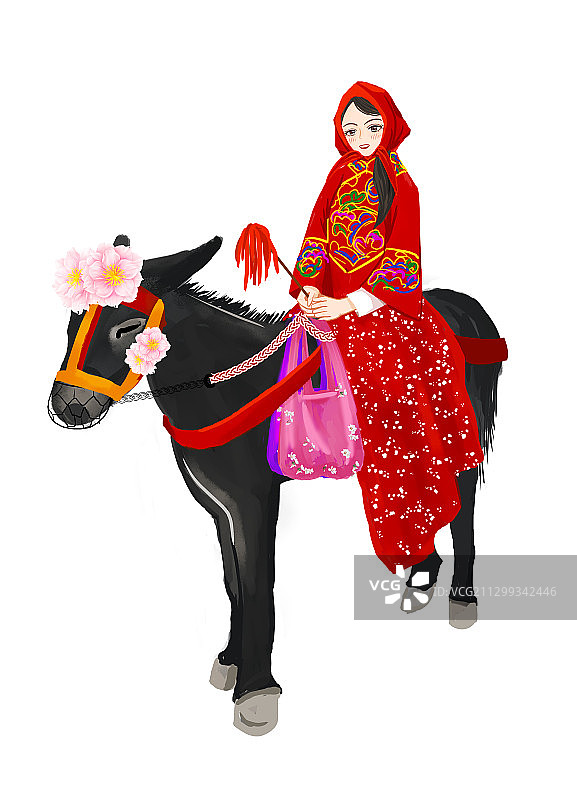 骑在驴上穿着陕北风格服装的少女 手绘插画图片素材