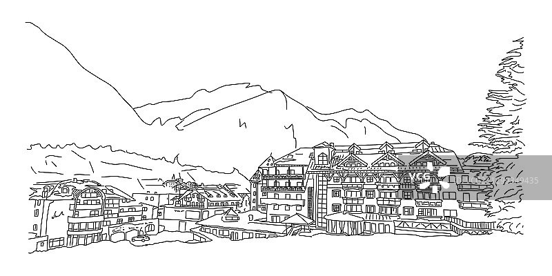 伊施格尔空旷的滑雪胜地美丽全景素描图片素材