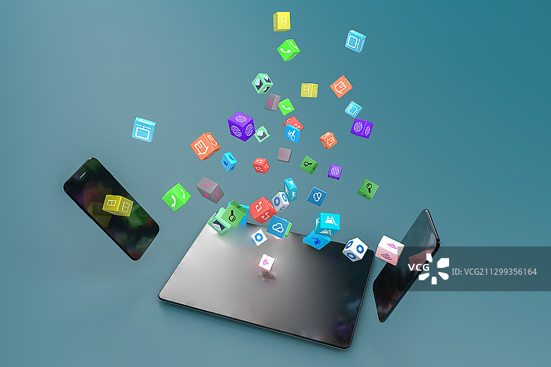 3d渲染的智慧手机和平板及软件图片素材