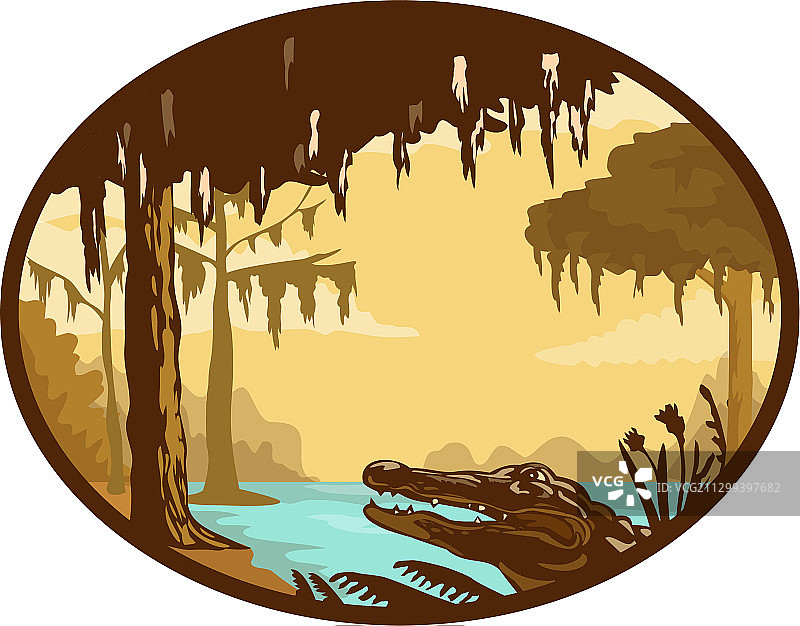 路易斯安那州河口和短吻鳄复古椭圆banner图片素材