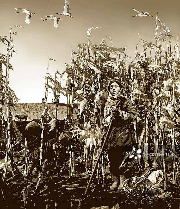 套色木刻版画《秋风吹过田野》图片素材