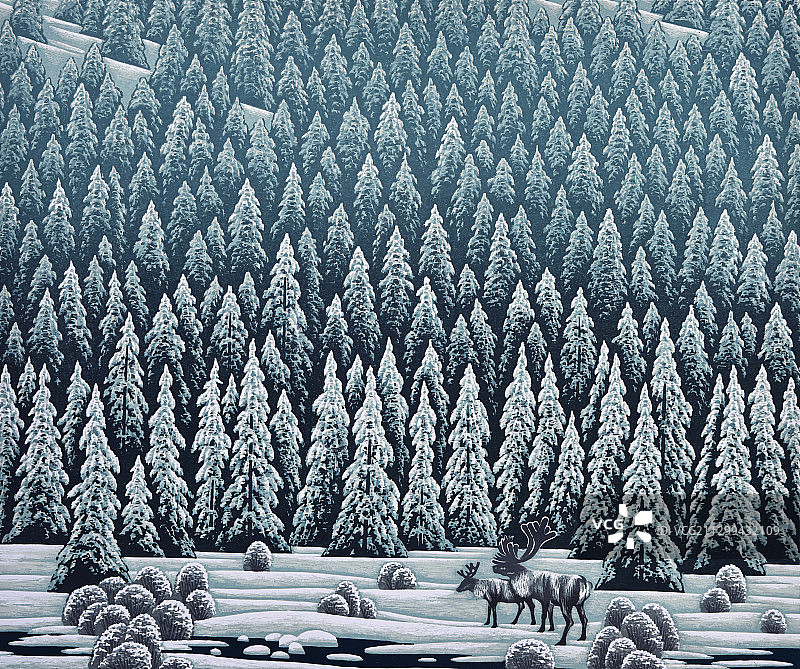 套色木刻版画《大岭银装》图片素材