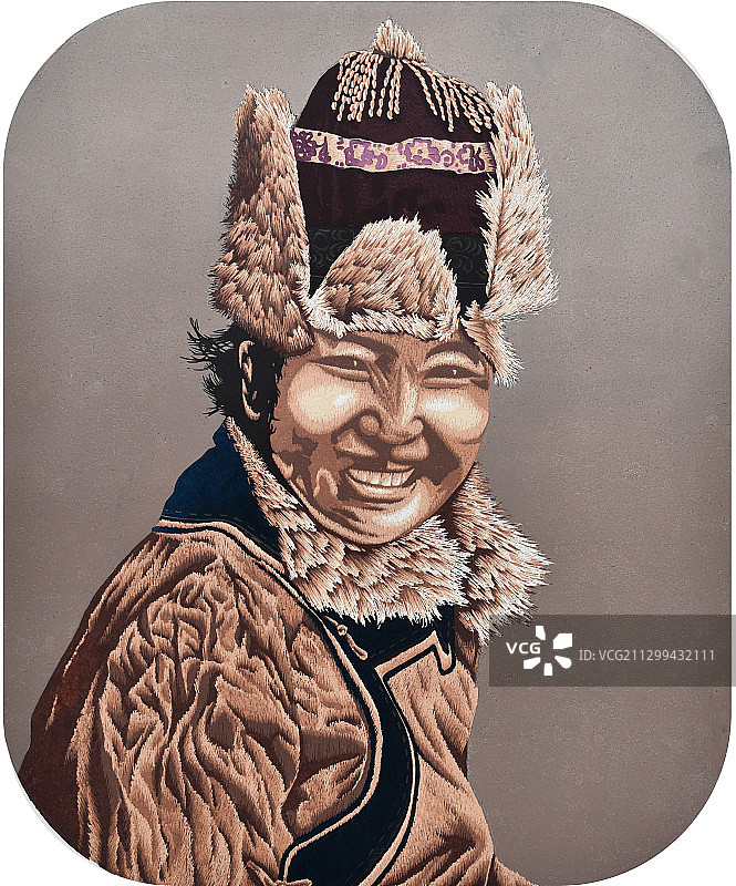 套色木刻版画《伦春族女青年》图片素材