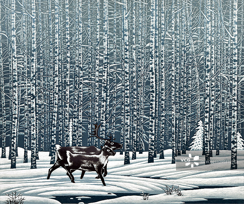 套色木刻版画《桦林幽深》图片素材