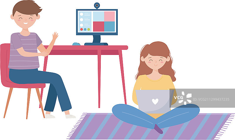 居家男孩用电脑参加在线会议图片素材