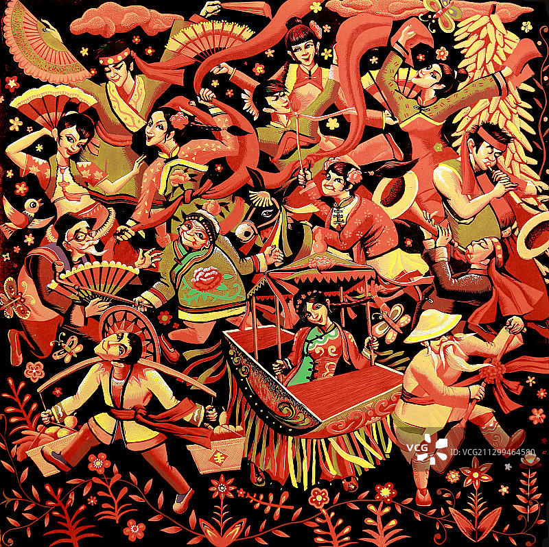 套色木刻版画《扭起来》图片素材