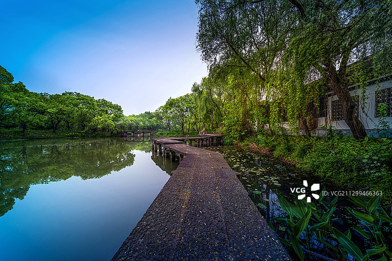 杭州西溪湿地森林公园石板桥湖面日出图片素材
