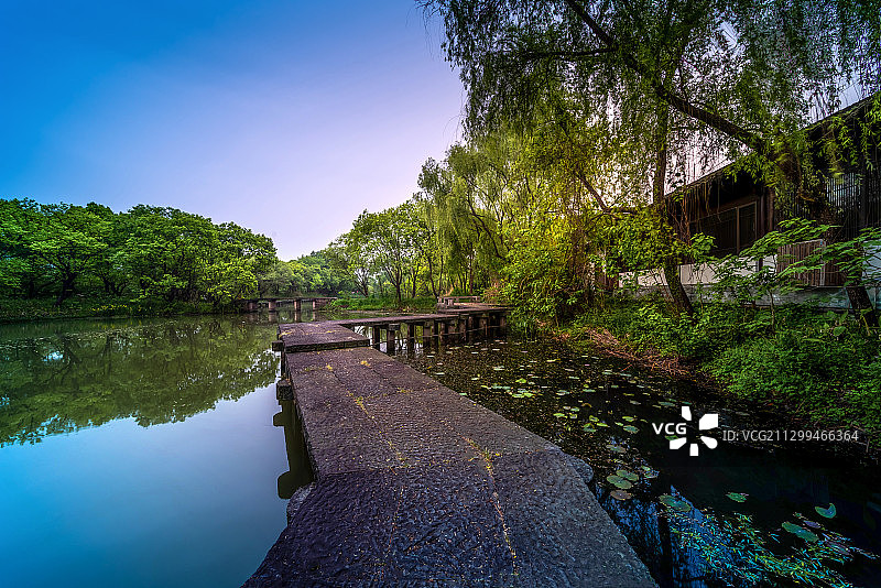 杭州西溪湿地森林公园石板桥湖面日出图片素材