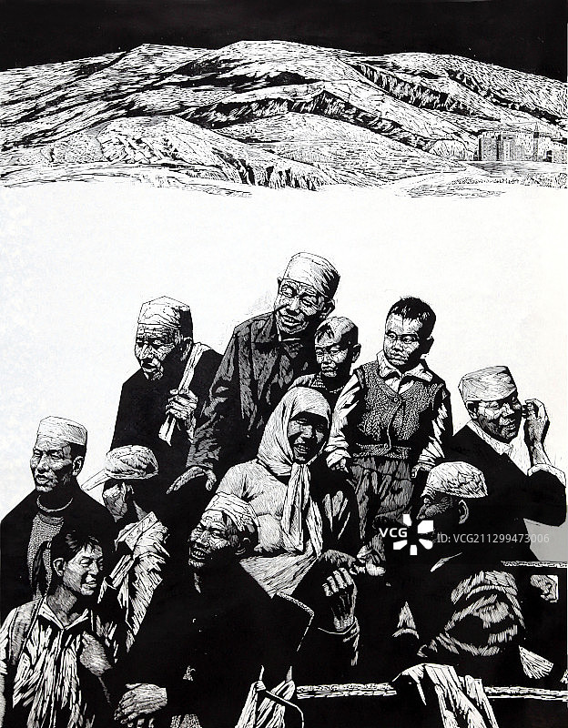 黑白木刻版画《春暖西海固》图片素材