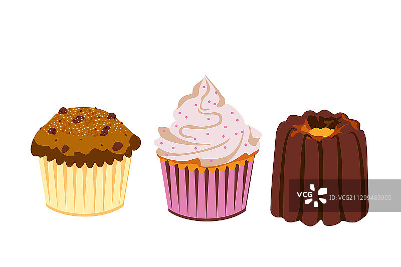 白色背景上的纸杯蛋糕和蛋糕组合图片素材